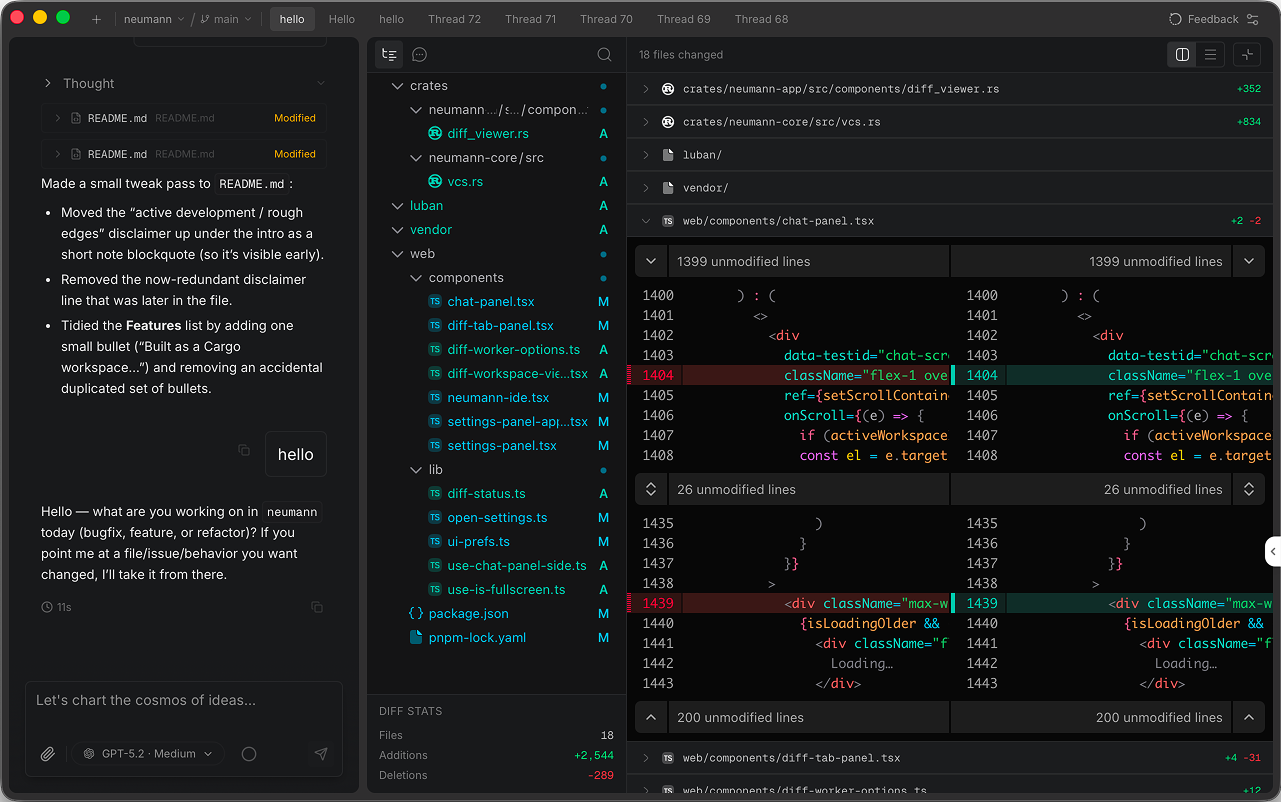Neumann IDE with agent threads, file tree, and diff review panels