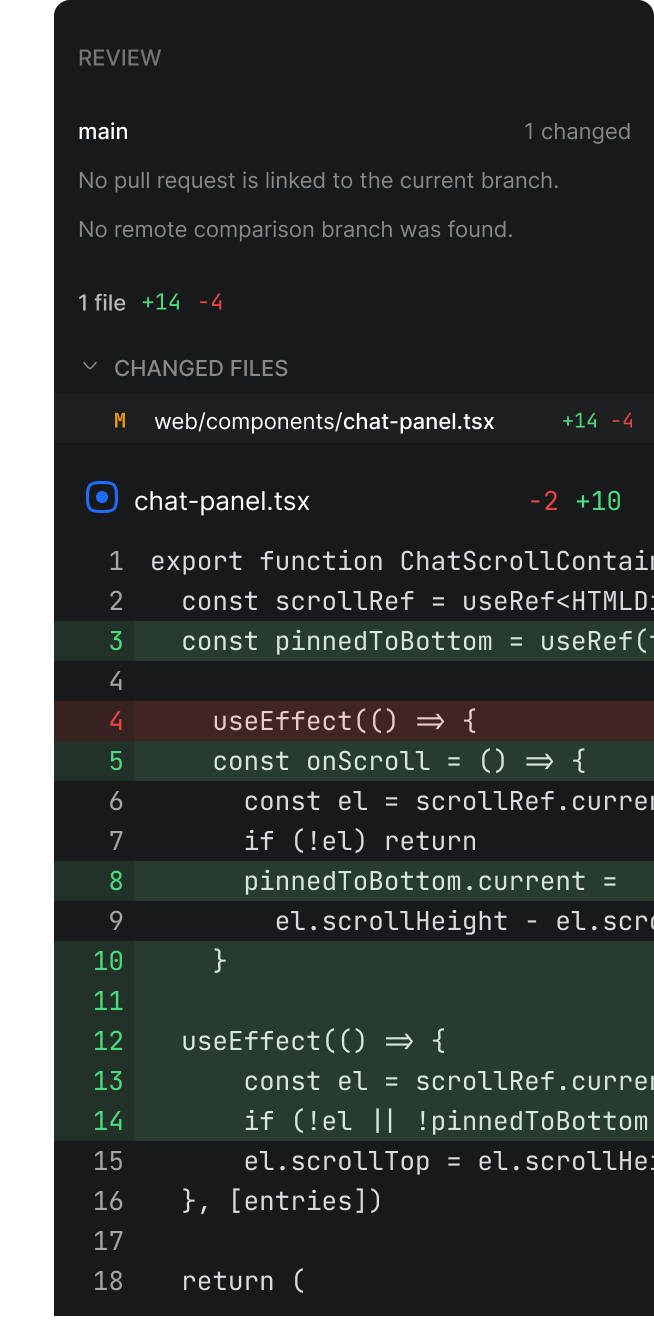 Review pane with the diff of chat-panel.tsx