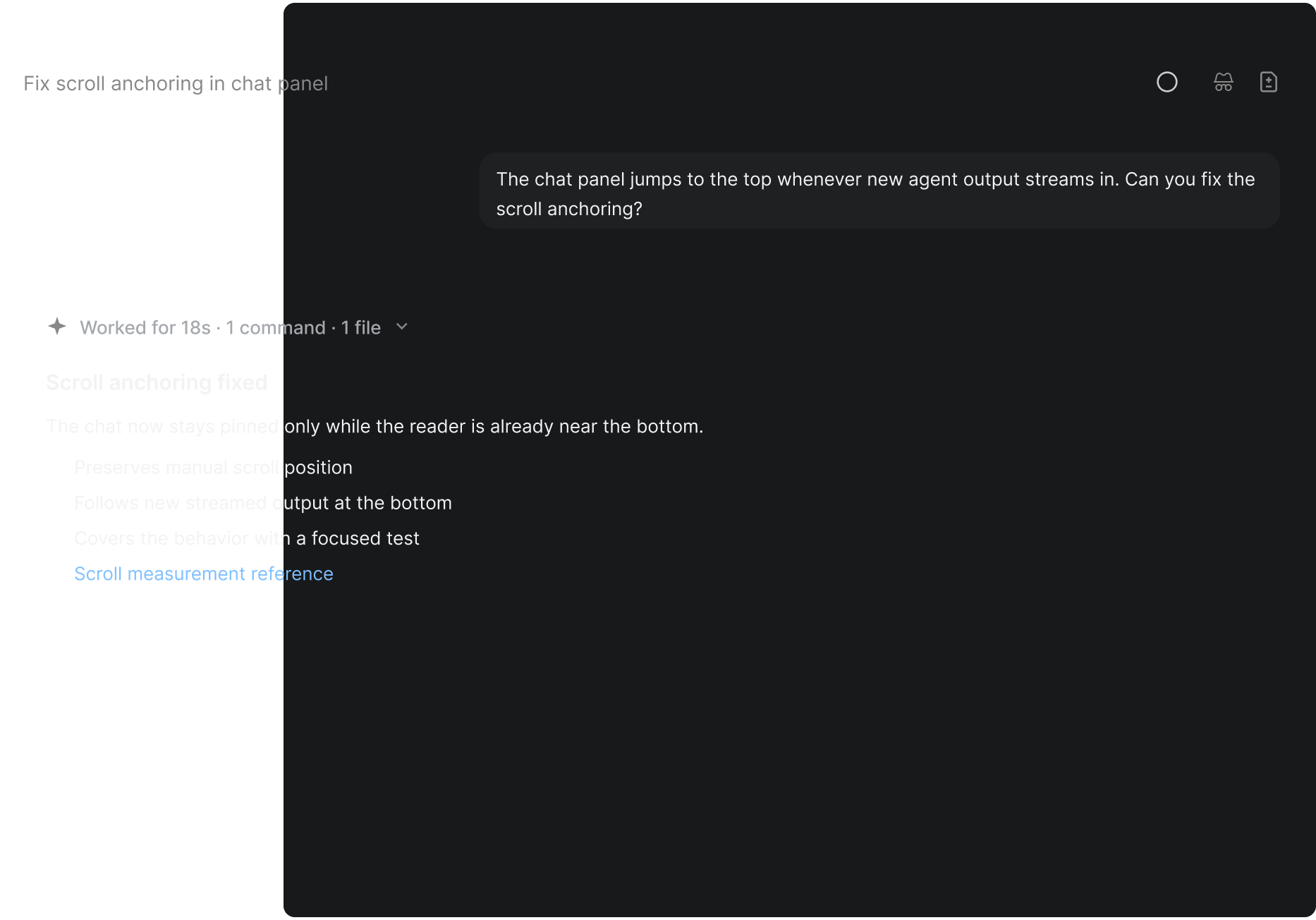 Agent thread that fixed scroll anchoring in the chat panel